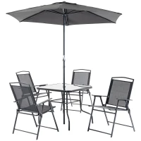 Outsunny Conjunto de Muebles de Jardín con 4 Sillas Plegables Mesa de Comedor de Vidrio y Sombrilla Inclinable Protección del Sol para Patio Terraza Exterior 80x80x70 cm Negro(m-11)