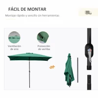 Outsunny Sombrilla de Aluminio 195x295x253 cm Parasol Rectangular de Jardín Inclinable con Manivela y Poste Desmontable Verde(m-6)