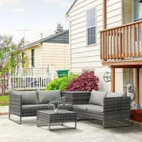 Outsunny 4pc Garden Rattan Wicker Outdoor Furniture Patio Corner Sofa Love Seat and Table Set  with Cushions Side Desk Storage, Mixed Grey(m-10)