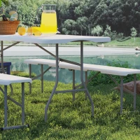 Outsunny 3-teiliges Picknicktisch-Set, 1 Tisch, 2 Bänke, Faltbarer Campingtisch mit Tragegriffen, Kunststoff, Metall, Weiß(m-7)