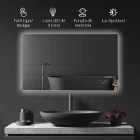 kleankin Espelho de Casa de Banho com Luz LED Anti-Embaciamento Interruptor Tátil 3 Luzes Ajustáveis e Função de Memória 90x60cm Prata(m-4)
