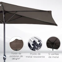 Outsunny Sombrilla 269x138x236 cm Parasol de Jardín con Manivela y Forma Semicircular para Exterior Terraza Patio Piscina Café(m-5)
