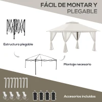 Outsunny Carpa Plegable Pop-up con Altura Ajustable Protección UV50+ Doble Techo y Mosquiteras 4x4x2,8 m Crema(m-5)