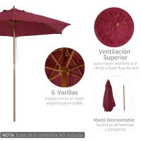 Outsunny Sombrilla Parasol de Madera Ø250x230cm para Exterior con 6 Varillas Sistema de Polea Color Granate(m-5)