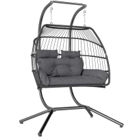Outsunny Rattan Double Hanging Egg Chair with Stand, Foldable Wicker Swing Egg Chair with Cushion, Head Pillows, Steel Frame, Hammock Chair for Indoor Outdoor, Capacity 260 kg, Dark Grey(m-10)