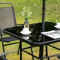 Outsunny Conjunto de Muebles de Jardín con 4 Sillas Plegables Mesa de Comedor de Vidrio y Sombrilla Inclinable Protección del Sol para Patio Terraza Exterior 80x80x70 cm Negro(m-9)