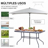Outsunny Mesa de Jardín Exterior Rectangular de Metal Bordes Curvos con Orificio para Sombrilla Capacidad 70kg Vidrio Templado 140x80x70 cm Gris Carbón(m-7)