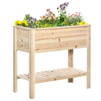 Outsunny Huerto Urbano Elevado con Estante de Madera con Tela no Tejida para Cultivos Plantas Flores Jardín 90x40x81 cm Natural(m-10)