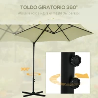 Outsunny Parasol de Terraza Manual Ø256x248 cm con Luces LED Solares Poste Giratorio 360° y Ventilación Superior Beige(m-6)