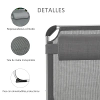 Outsunny Tumbona Plegable Reclinable de Aluminio con Reposacabezas Extraíble y Respaldo Transpirable Ajustable en 4 Posiciones para Jardín Terraza Camping Exterior 165x60x76 cm Gris(m-6)