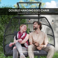Outsunny Rattan Double Hanging Egg Chair with Stand, Foldable Wicker Swing Egg Chair with Cushion, Head Pillows, Steel Frame, Hammock Chair for Indoor Outdoor, Capacity 260 kg, Dark Grey(m-4)