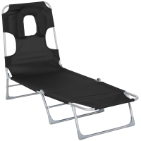 Outsunny Tumbona Reclinable y Plegable de Jardín con Orificio de Lectura Reposacabezas y Respaldo Ajustable en 5 Niveles para Playa 182x56x28 cm Negro