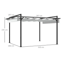 Outsunny Cenador de Jardín 3x4 m con Techo Retráctil de Poliéster y 12 Orificios de Drenaje Pérgola para Terraza Blanco y Gris(m-3)