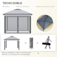 Outsunny Carpa Plegable 3,3x3,3 m con Altura Ajustable Doble Techo 4 Mosquiteras Extraíbles y Bolsa de Transporte Anti-UV Gris(m-4)