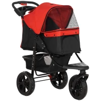 PawHut Carrito para Perros con 3 Ruedas Ventanas de Malla Cesta de Almacenaje y Correas de Seguridad 109,5x57,5x106,5 cm Rojo(m-1)