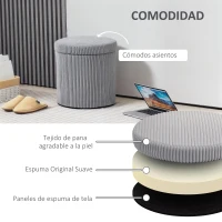 HOMCOM Puff con Almacenaje Redondo Tapizado en Pana con Estructura de Acero Estable y Acolchado Suave Ø40x41 cm Gris Claro(m-5)