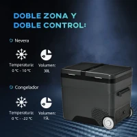 Outsunny Nevera de Coche 45L 12V/24V hasta -22℃ con Compartimento Congelador Pantalla LED Táctil Ruedas 63,2x42x50,8cm Negro(m-4)