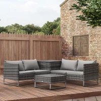 Outsunny 4pc Garden Rattan Wicker Outdoor Furniture Patio Corner Sofa Love Seat and Table Set  with Cushions Side Desk Storage, Mixed Grey(m-9)