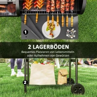 Outsunny Stalen Houtskoolgrill BBQ Smoker met Deksel, Thermometer, Wielen, Luchttoevoer, Kolenbak(m-7)