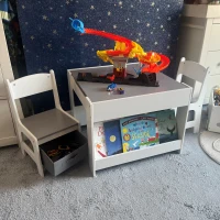 HOMCOM Three-Piece Kids Table and Chair Set with Blackboard, Storage, Bookshelves - Grey(m-12)