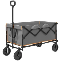 Outsunny 160L Festival Trolley on Wheels, Folding Camping Trolley Cart w/ Tailgate, 100kg Heavy Duty Garden Collapsible Folding Wagon w/Adjustable Handle, Carry Bag for Beach Picnic, Grey and Orange(m-11)