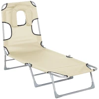 Outsunny Tumbona Reclinable y Plegable de Jardín con Orificio de Lectura Reposacabezas y Respaldo Ajustable en 5 Niveles para Playa 182x56x28 cm Beige(m-1)