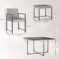 Outsunny Conjunto de Móveis de Jardim de Vime de 9 Peças com Mesa com Vidro Temperado 4 Cadeiras 4 Bancos Cinzento(m-3)