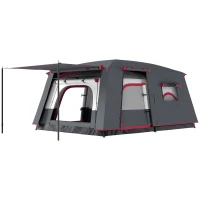 Outsunny Tenda de Campismo Familiar para 4-6 Pessoas com 2 Quartos Alpendre Impermeável 3000 mm Anti-UV 430x305x195 cm Cinzento e Vermelho(m-11)