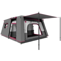 Outsunny Tenda de Campismo Familiar para 4-6 Pessoas com 2 Quartos Alpendre Impermeável 3000 mm Anti-UV 430x305x195 cm Cinzento e Vermelho(m-10)