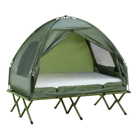 Outsunny Cama Doble de Camping Plegable con Tienda de Campaña 4 en 1 Cama de Campamento Elevada con Colchón Hinchable y Bolsa de Transporte Tela Oxford Acero 193x145x180 cm Verde