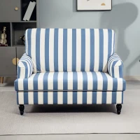HOMCOM Modern Cuddle Chair, Velvet Single Sofa Armchair with Stripe, Turned Legs and Wide Seat, Upholstered Snuggle Chair for Living Room, Bedroom, Blue and White(m-7)