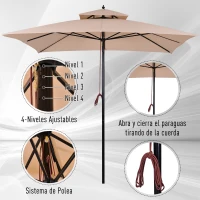 Outsunny Parasol de Jardín de Metal 3x3x3 m con Doble Techo Impermeable y Manivela para Terraza Balcón Exterior Beige(m-6)