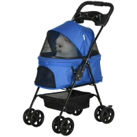 PawHut Carrito para Perros Pequeños con Ruedas Universales Cesta de Almacenaje Correas de Seguridad y Ventanas 67x45x96 cm Azul(m-11)