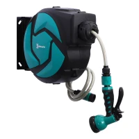 DURHAND Carrete para Manguera Retráctil 10m con 7 Modos de Riego Sistema de Enrollado Automático con Bloqueo Conector de 1m para Jardín Césped 28x14x34 cm Negro y Verde(m-11)