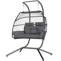 Outsunny Rattan Double Hanging Egg Chair with Stand, Foldable Wicker Swing Egg Chair with Cushion, Head Pillows, Steel Frame, Hammock Chair for Indoor Outdoor, Capacity 260 kg, Dark Grey(m-11)
