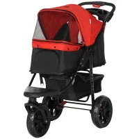 PawHut Carrito para Perros con 3 Ruedas Ventanas de Malla Cesta de Almacenaje y Correas de Seguridad 109,5x57,5x106,5 cm Rojo(m-11)