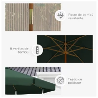 Outsunny Parasol de Madera Ø325x250 cm con Sistema de Polea Techo de Ventilación y 8 Varillas de Bambú para Terraza Balcón Verde(m-7)