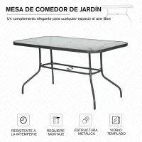 Outsunny Mesa de Jardín Exterior Rectangular de Metal Bordes Curvos con Orificio para Sombrilla Capacidad 70kg Vidrio Templado 140x80x70 cm Gris Carbón(m-6)