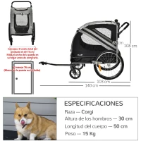 PawHut Remolque de Bicicleta para Perros 2 en 1 con Puertas Enrollables Cinturón de Seguridad Carga 30 kg 140x72,5x108 cm Gris(m-3)