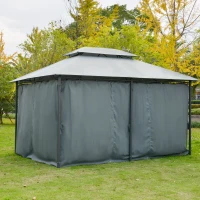 Outsunny Gazebo de Exterior 3x4 m con Paredes Laterales Doble Techo 6 Puertas con Cremallera y 8 Orificios de Drenaje Gris(m-7)