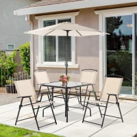 Outsunny Conjunto de Muebles de Jardín con 4 Sillas Plegables Mesa de Comedor de Vidrio y Sombrilla Inclinable Protección del Sol para Patio Terraza Exterior 80x80x70 cm Beige(m-2)