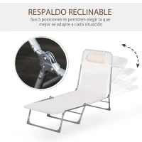 Outsunny Tumbona Plegable y Reclinable de Jardín con Reposacabezas y Respaldo Ajustable en 5 Niveles Tela de Texteline Transpirable 182x56x28 cm Crema(m-4)