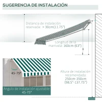 Outsunny Toldo Manual Retráctil 295x250cm Ángulo Ajustable con Manivela para Exterior Balcón Jardín Terraza Verde(m-7)