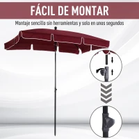 Outsunny Sombrilla de Terraza de Aluminio 198x130x245 cm Parasol de Jardín Rectangular con Función de Inclinación Rojo Vino(m-5)