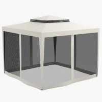 Outsunny Carpa de Jardín 3x3 m Cenador Gazebo con 4 Mosquiteras Laterales Techo Doble 8 Orificios de Drenaje Marco de Metal Crema(m-7)