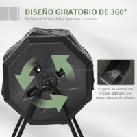 Outsunny Compostador de Tambor Giratorio con Capacidad 160 Litros de Doble Cámara y Ventilación Marco de Acero 71x65x96cm Negro(m-5)