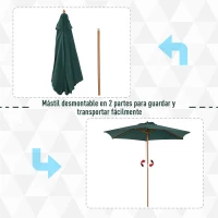 Outsunny Sombrilla Parasol de Madera Ø250x230cm para Exterior con 6 Varillas Sistema de Polea Color Verde(m-7)