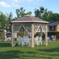 Outsunny Cenador de Jardín Hexagonal 4,05x3,4x2,85 m con Doble Techo 6 Mosquiteras Desmontables Bolsa y Anti-UV Beige(m-2)