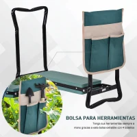Outsunny Taburete de Jardín Plegable con Bolsa para Herramientas Protección Cojín Rodillas Asiento de Jardín con Almohadilla Altura Ajustable Soporta un máximo 150kg Color Verde Negro(m-5)