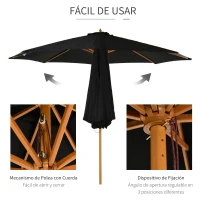 Outsunny Sombrilla Terraza Exterior Ø300 cm Sombrilla de Jardín con Sistema de Polea Techo Ventilado y Poste Desmontable de Madera Parasol para Patio Terraza Negro(m-4)